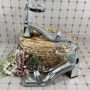 Good American Strappy Heeled Sandals Metallic Silver Ankle wrap Square Toe 9.5